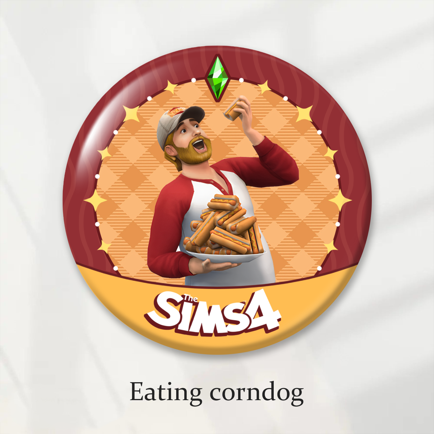 Laminated Badge: Eating corndog