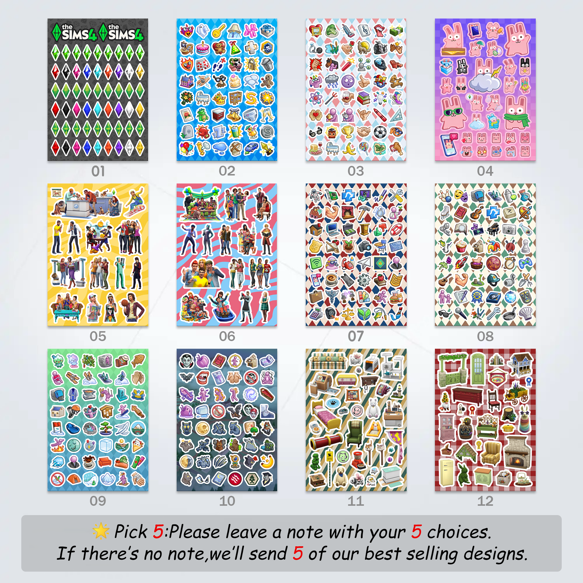 Sticker Sheet Set Pick 5 (Please leave a note with your choices)