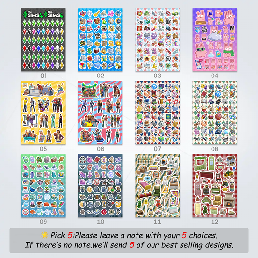 Sticker Sheet Set Pick 5 (Please leave a note with your choices)